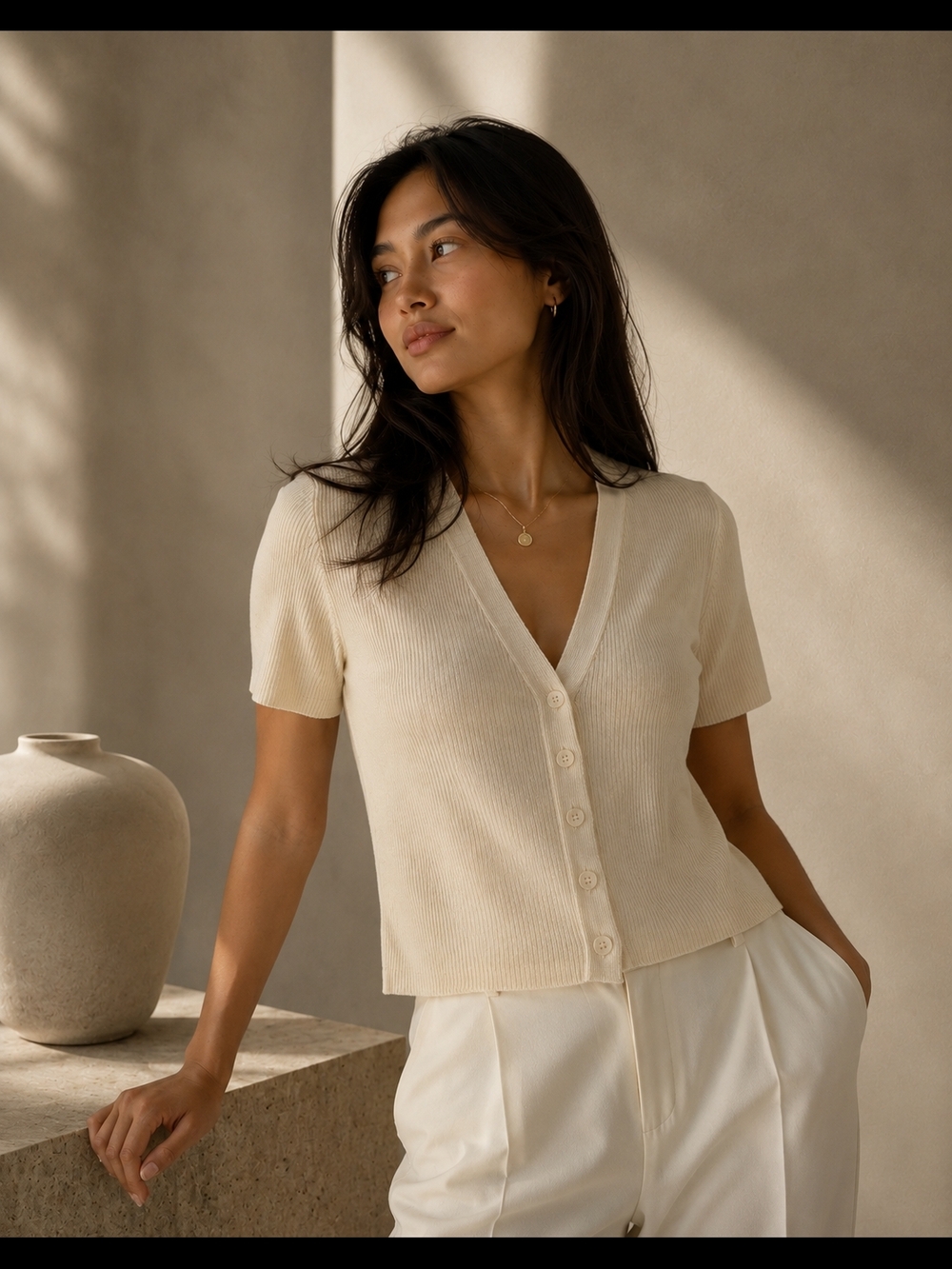 Zara Cream Short-Sleeve Button-Front V-Neck Top